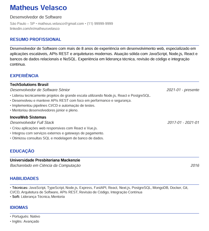 Exemplo de curriculo otimizado para ATS